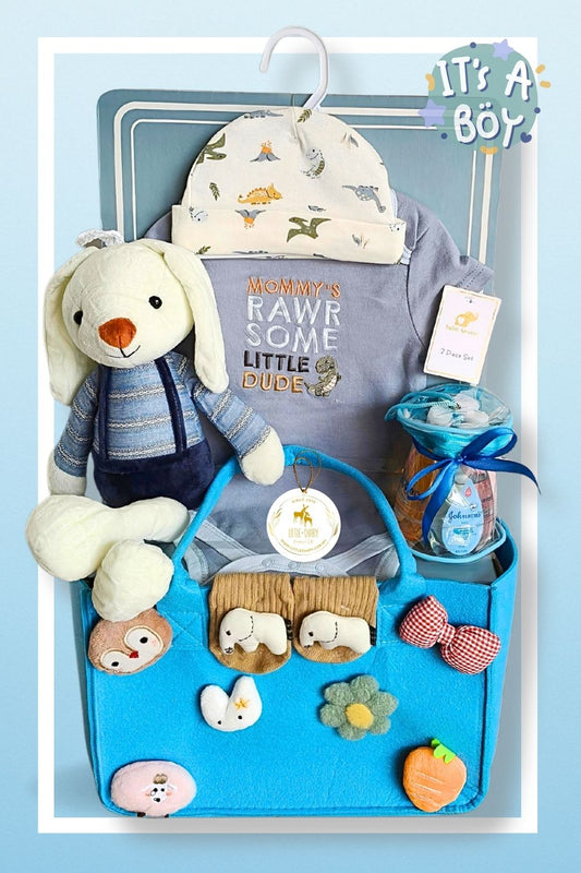 Little Diary premium baby boy gift hamper featuring a soft plush bunny companion and newborn essentials.